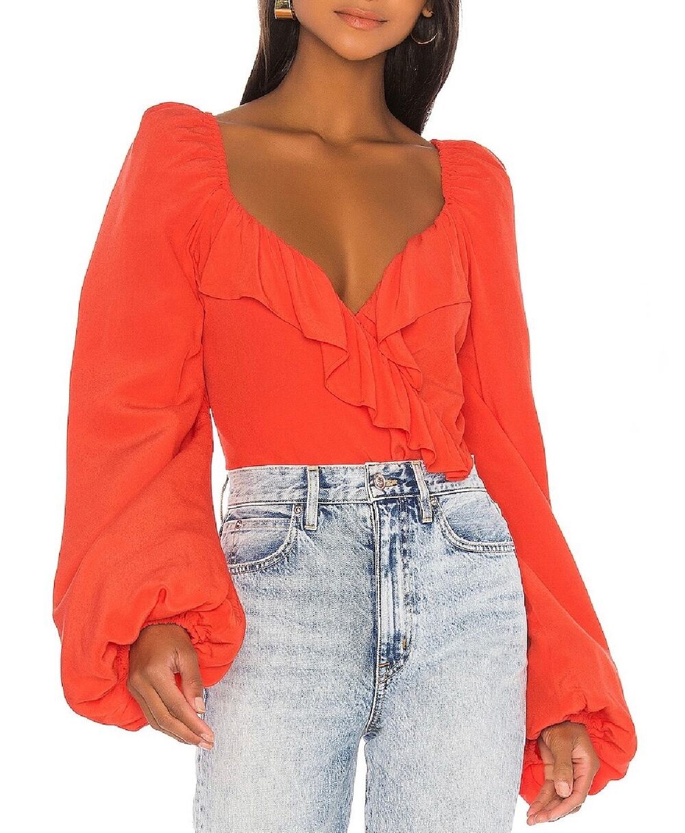 Lovers + Friends Astrid Bodysuit Coral Ruffle Wrap Balloon Sleeve